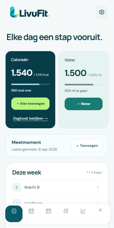 livufit-dashboard met calorieën, water en de trainingen van deze week